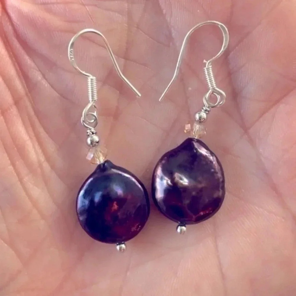 Natural Alien Baroque Purple Pearl 925 Sterling Silver Earrings NWT